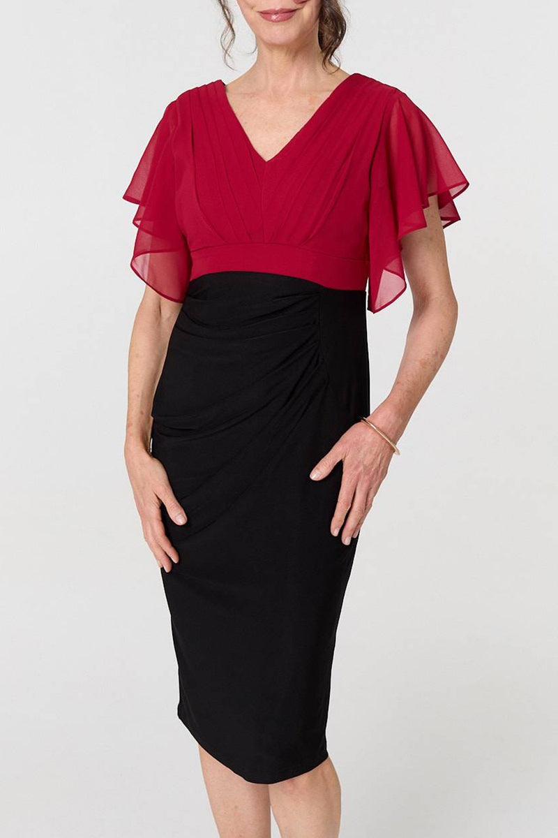 RED| Colour Block V-Neck Fitted Dress