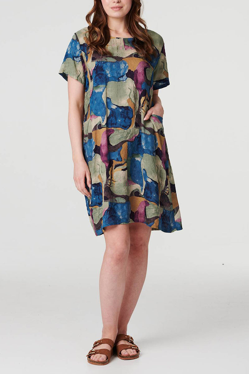 MULTI BLUE | Printed Short Sleeve Knee Length Dress