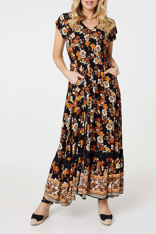 MULTI BLACK | Floral Print Cap Sleeve Maxi Dress
