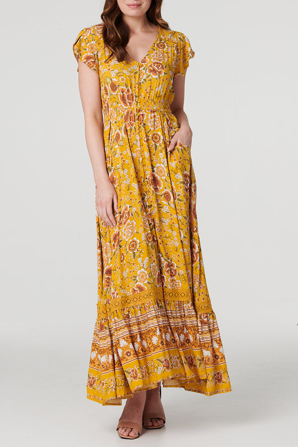 MULTI YELLOW | Floral Shirred Waist Maxi Dress