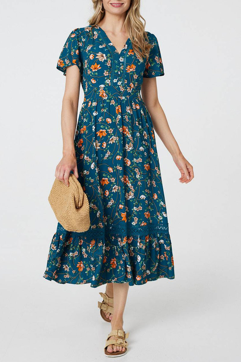 TEAL | Floral Lace Trim Short Sleeve Midi Dress