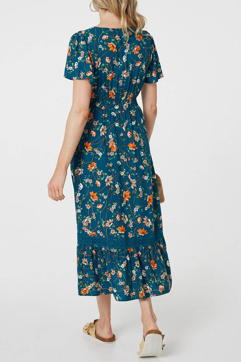 TEAL | Floral Lace Trim Short Sleeve Midi Dress