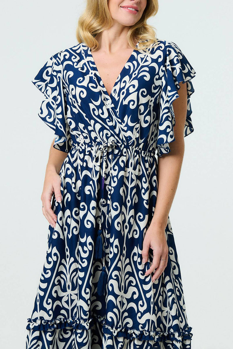MULTI NAVY | Mosaic Print Batwing Sleeve Maxi Dress