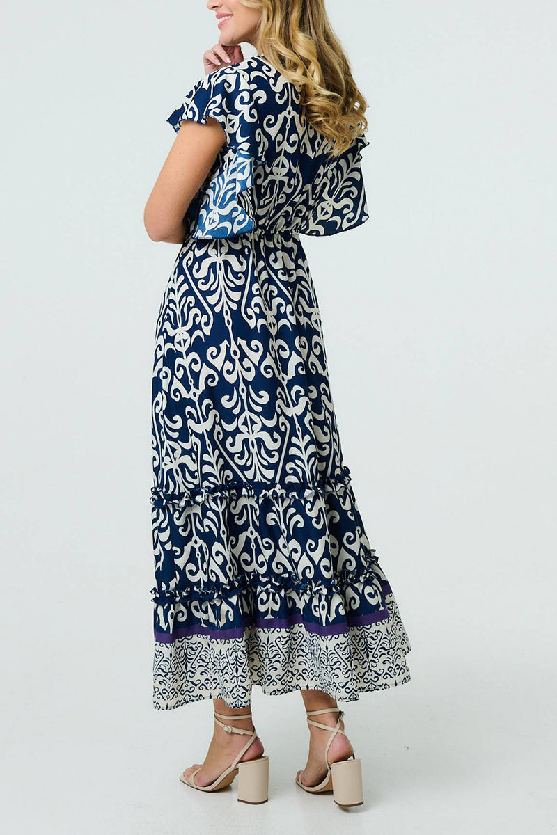 MULTI NAVY | Mosaic Print Batwing Sleeve Maxi Dress