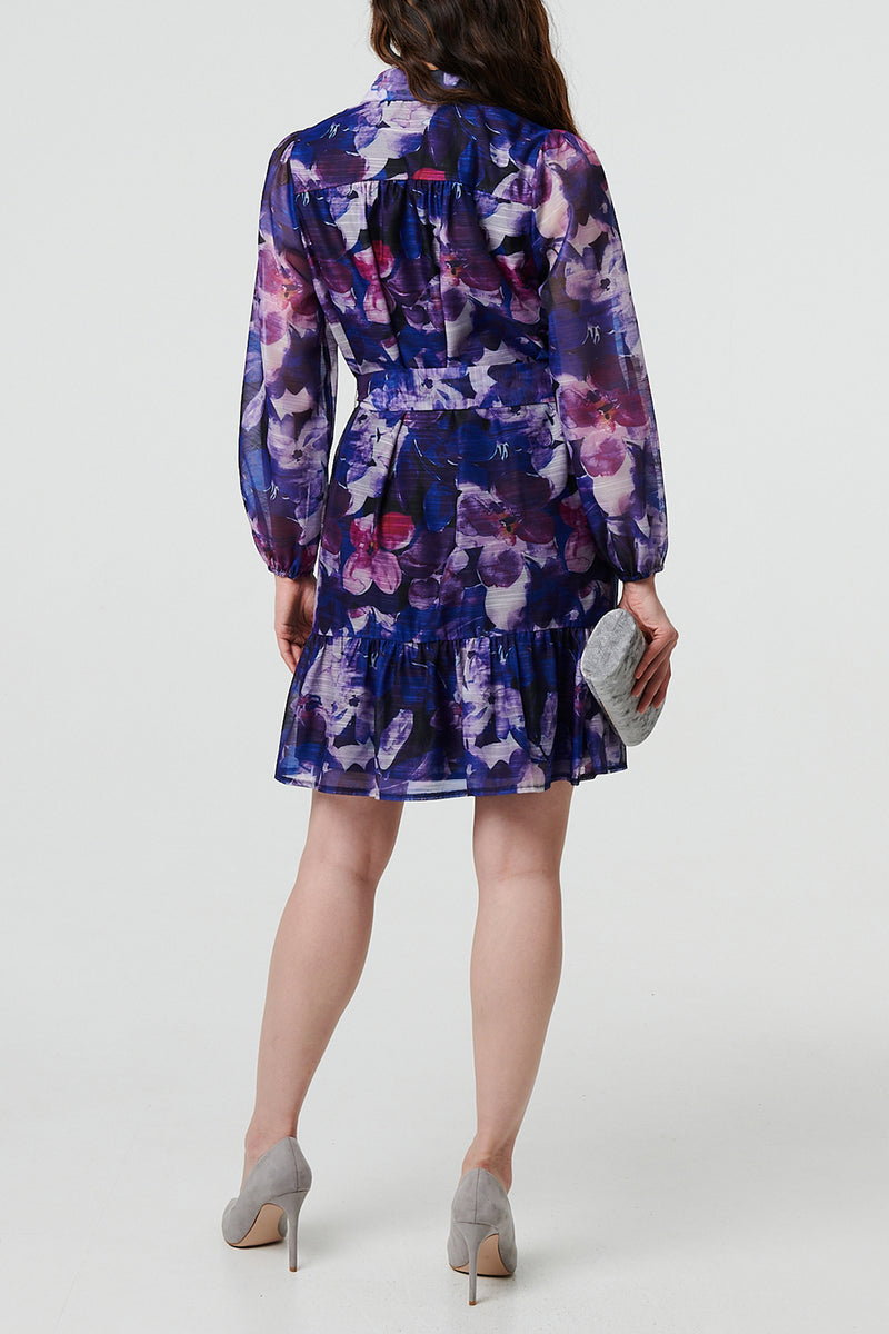 MULTI BLUE | Floral Semi Sheer Tie Waist Mini Shirt Dress