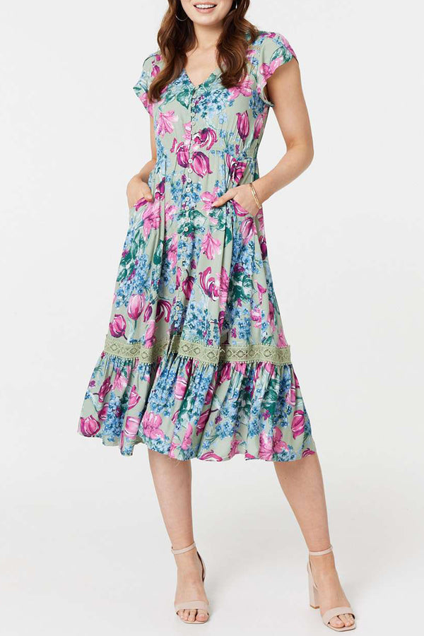 MULTI GREEN | Floral Lace Trim Midi Tea Dress