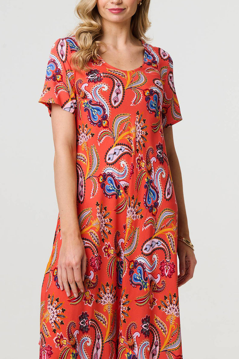 MULTI ORANGE | Paisley Short Sleeve Relaxed Midi Dress