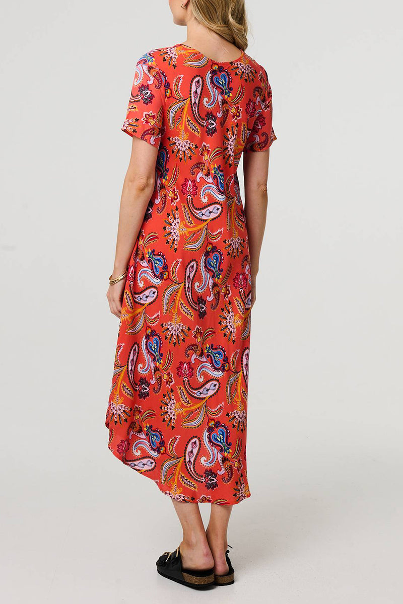 MULTI ORANGE | Paisley Short Sleeve Relaxed Midi Dress