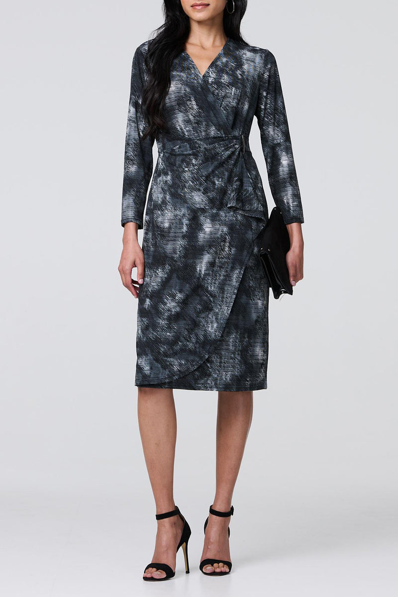 MULTI BLACK | Printed Ruched Belted Knee Length Dress