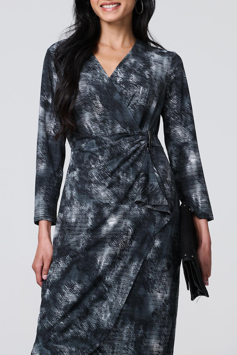 MULTI BLACK | Printed Ruched Belted Knee Length Dress