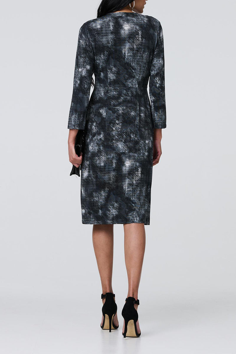 MULTI BLACK | Printed Ruched Belted Knee Length Dress
