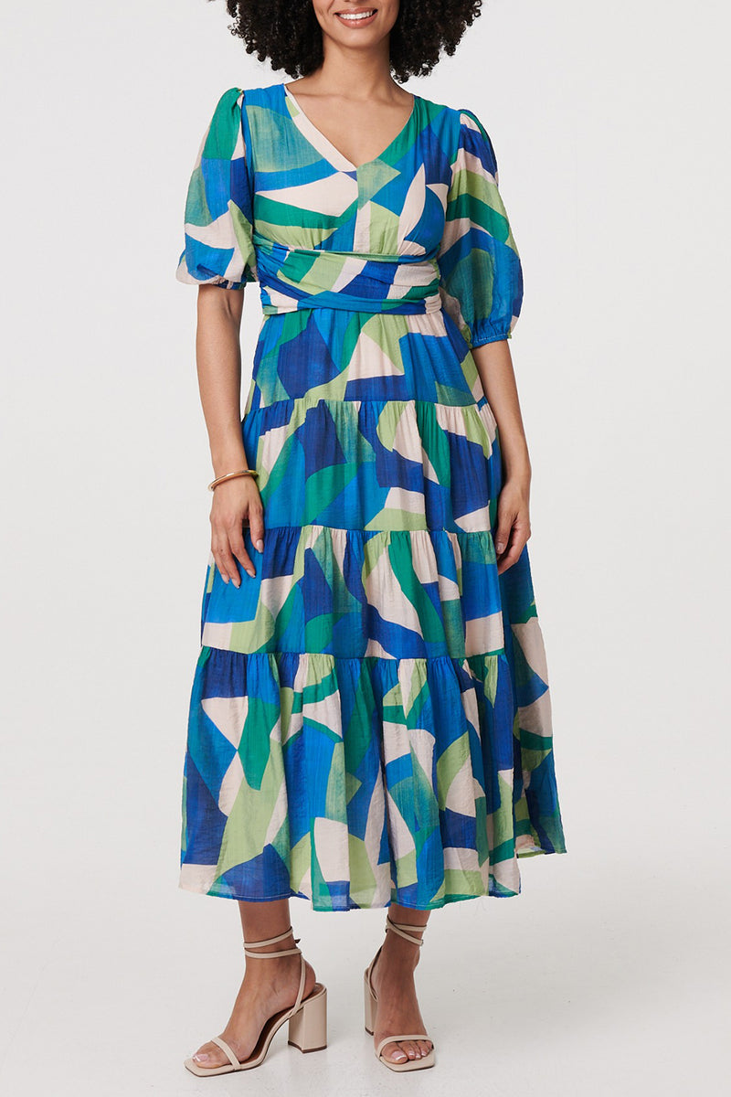 Abstract Puff Sleeve Tiered Maxi Dress