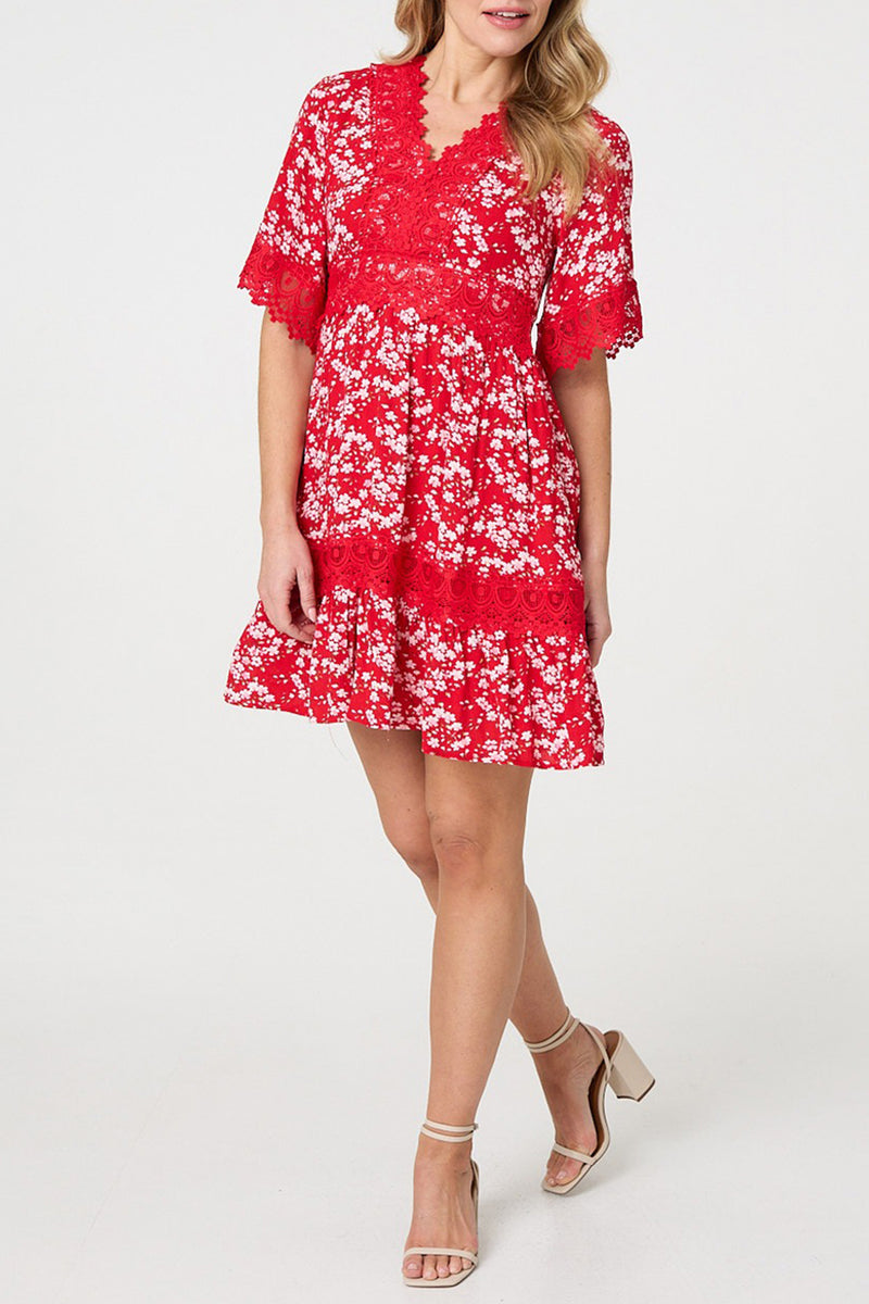 RED | Ditsy Floral Lace 1/2 Sleeve Short Dress