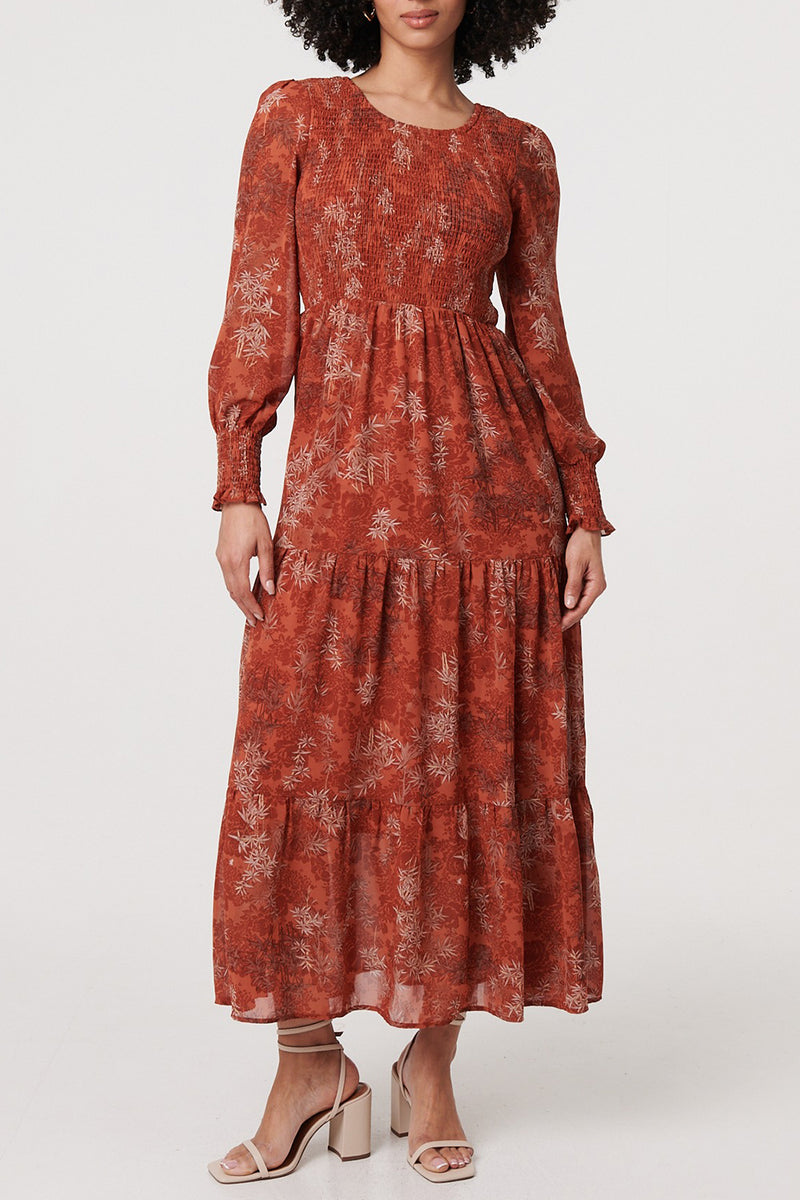 MULTI ORANGE | Printed Puff Sleeve Smocked Maxi Dress