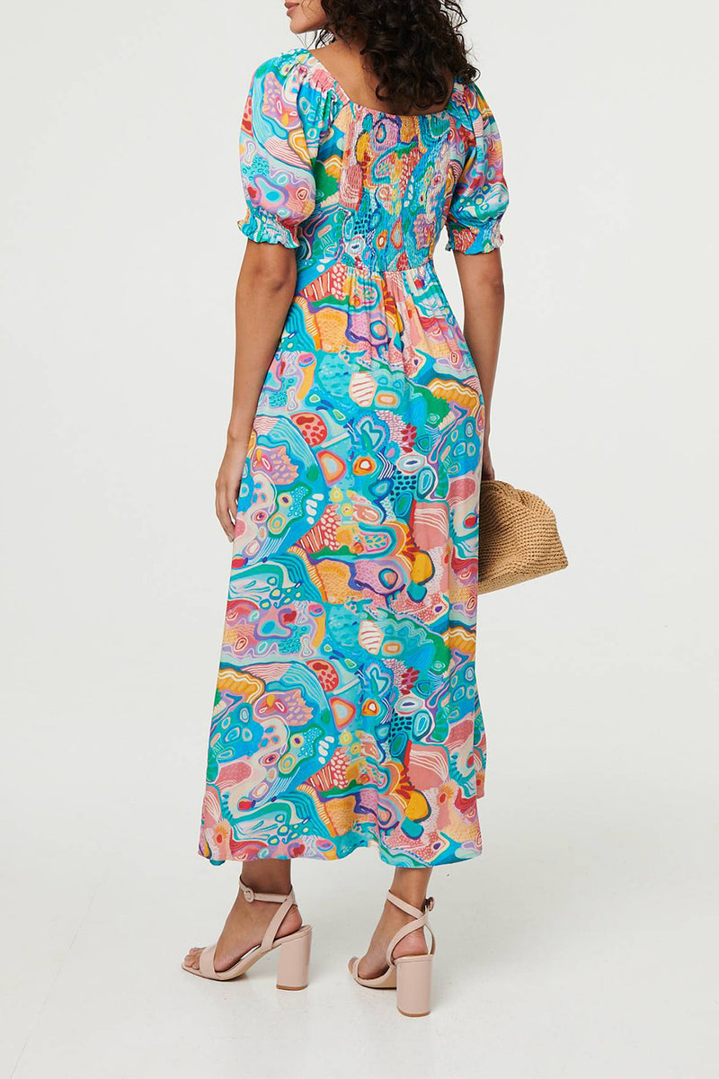 BLUE | Abstract Puff 1/2 Sleeve Maxi Dress