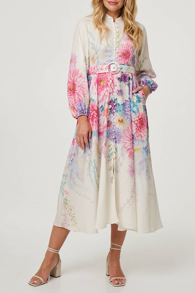 CREAM | Border Print High Neck Belt Midi Dress