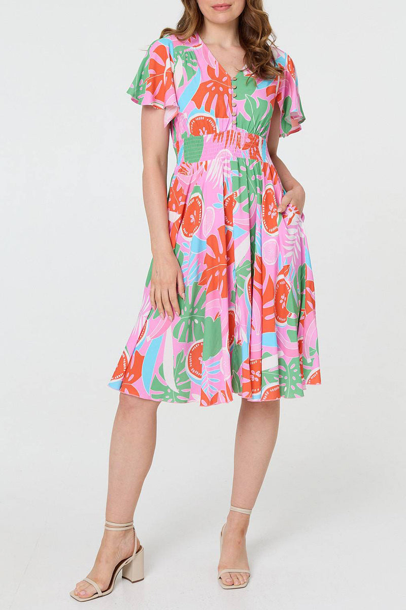 PINK | Abstract Angel Sleeve Knee Length Dress