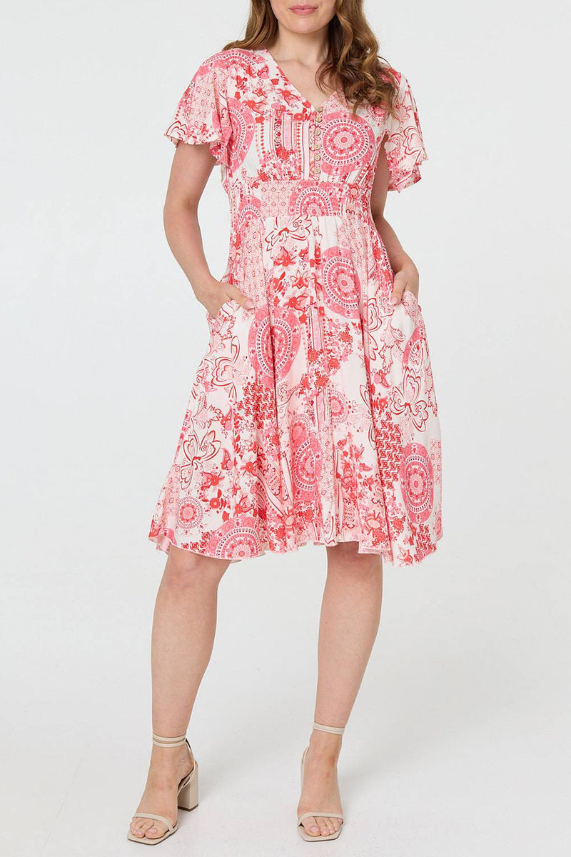 ORANGE | Paisley Angel Sleeve Knee Length Dress