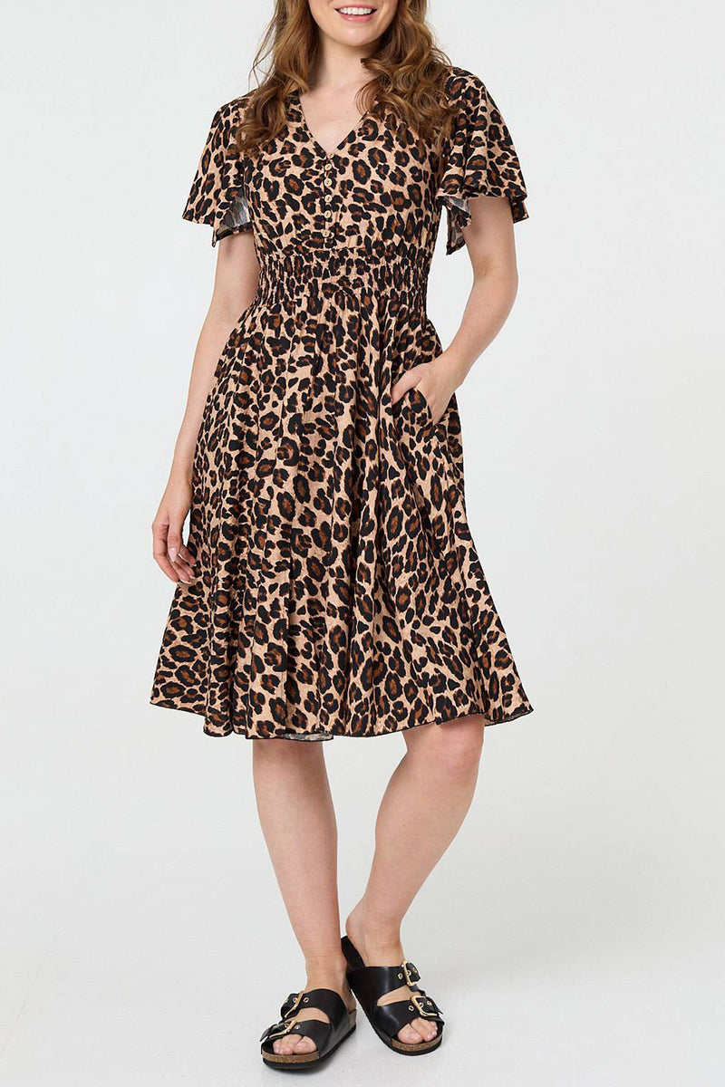 BEIGE | Animal Print Shirred Knee Length Dress