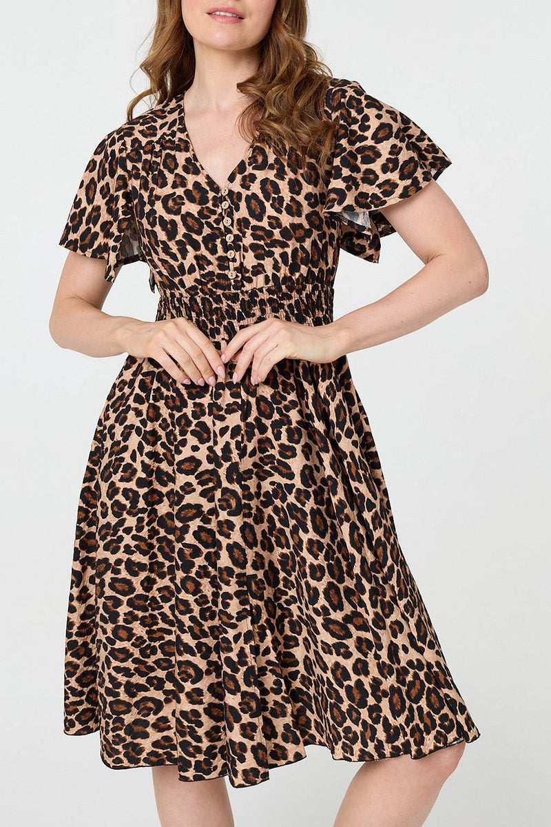 BEIGE | Animal Print Shirred Knee Length Dress