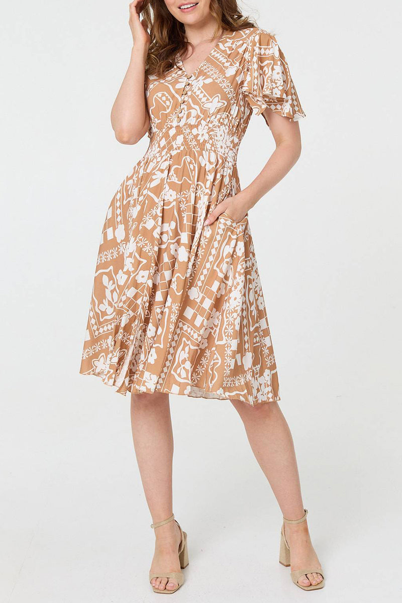 BROWN | Printed Shirred V-Neck Knee Length Dress
