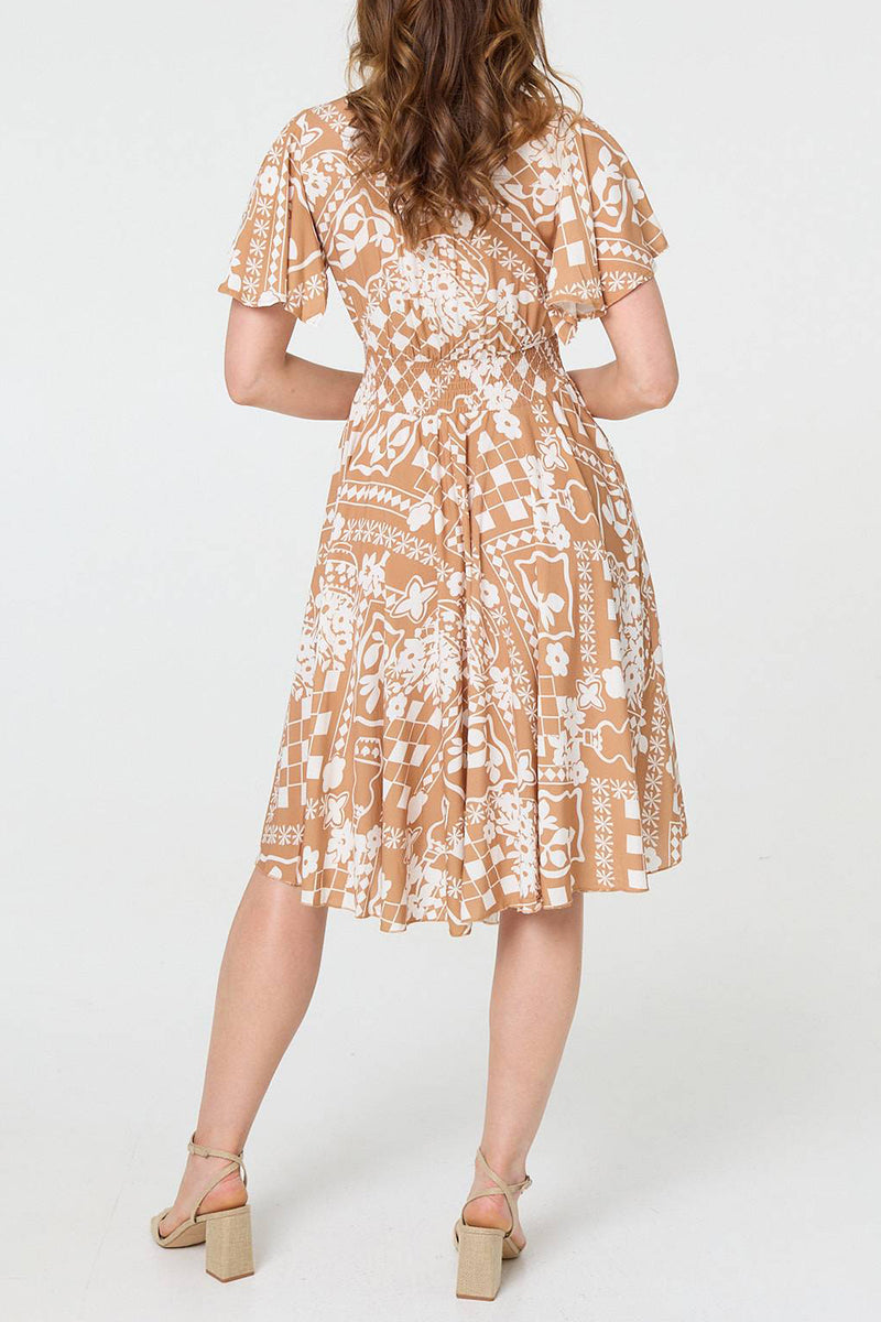 BROWN | Printed Shirred V-Neck Knee Length Dress