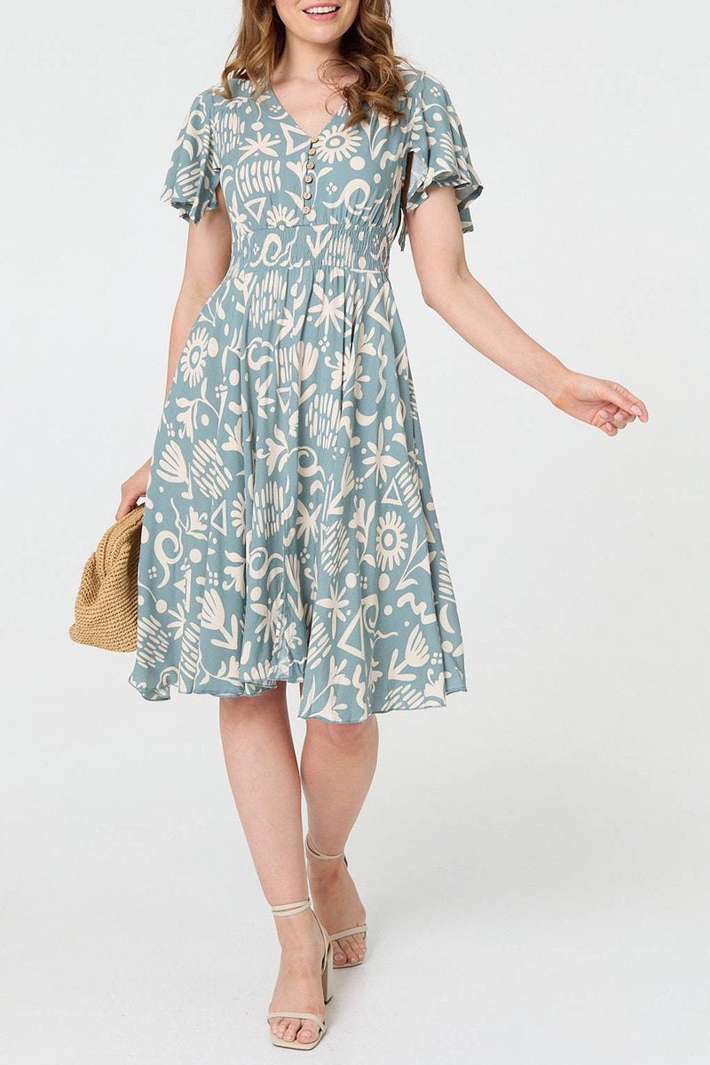 SAGE | Printed Angel Sleeve Knee Length Dress