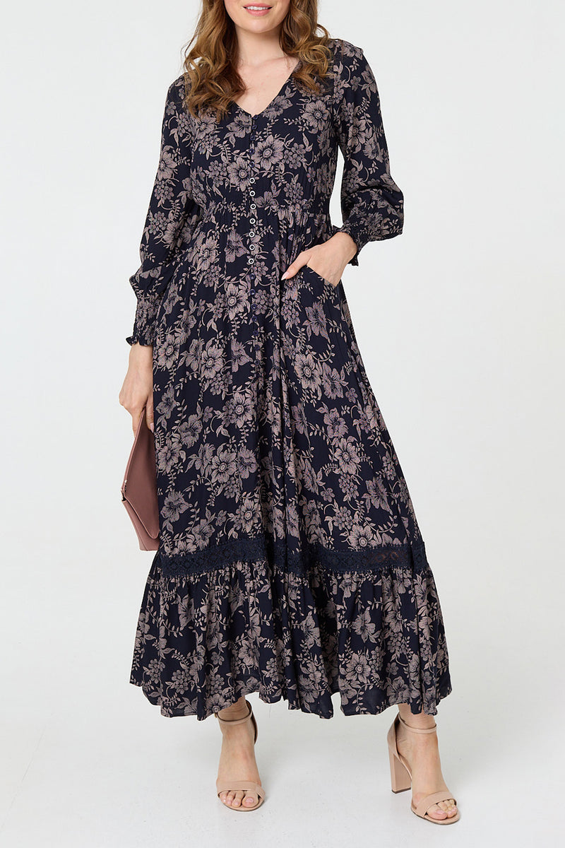 NAVY | Floral Long Sleeve Maxi Dress