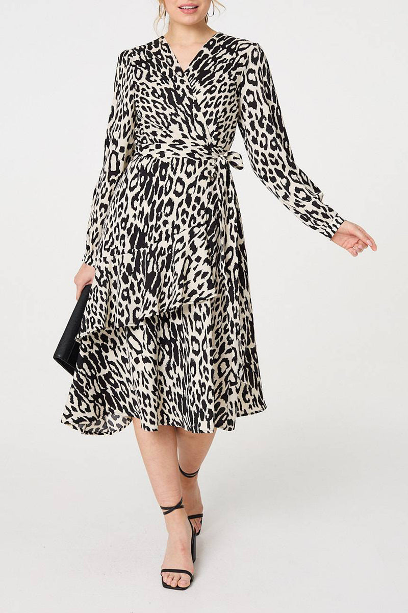MULTI BLACK | Animal Print Tie Waist Wrap Midi Dress