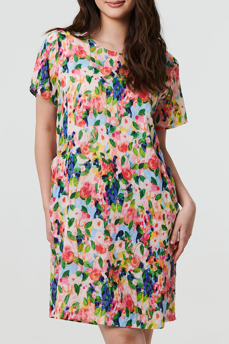 MULTI PINK | Floral Short Sleeve Short Shift Dress
