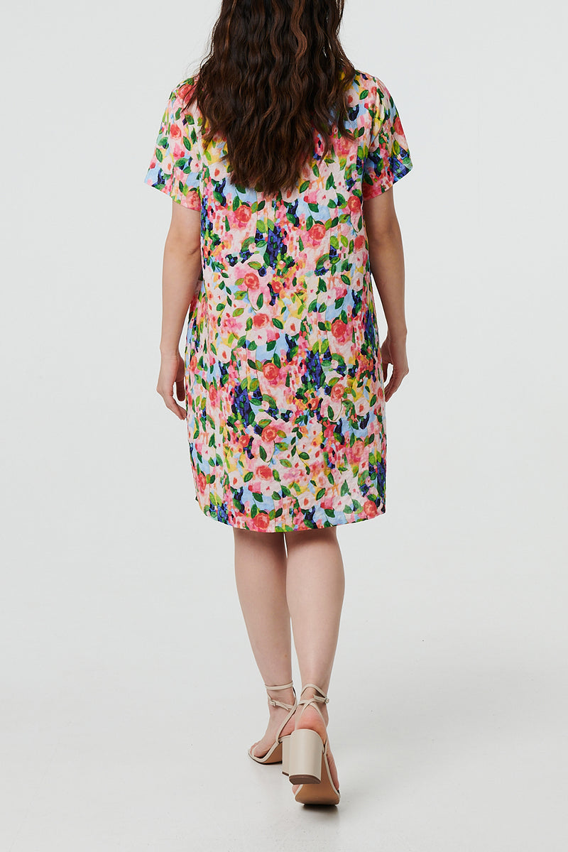 MULTI PINK | Floral Short Sleeve Short Shift Dress