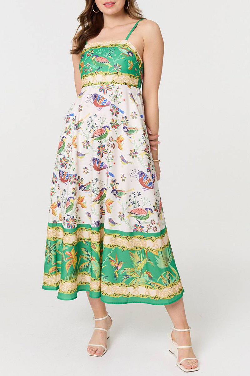 MULTI GREEN | Printed A-Line Sleeveless Midi Dress