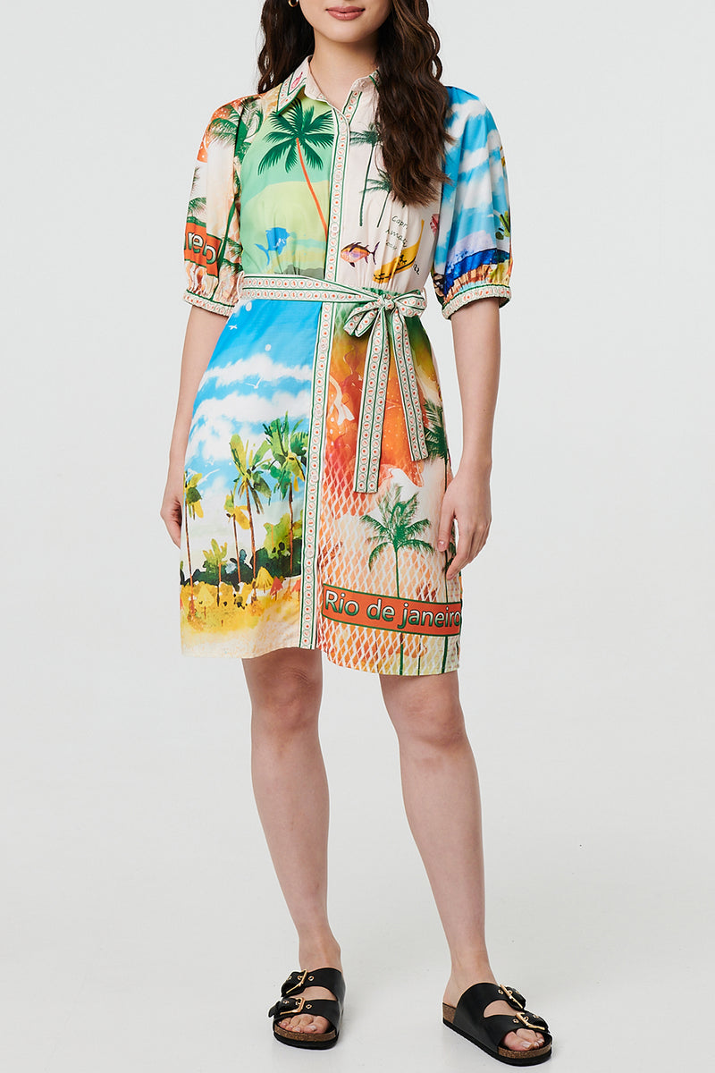 MULTI ORANGE | Tropical Print Tie Waist Short Dress