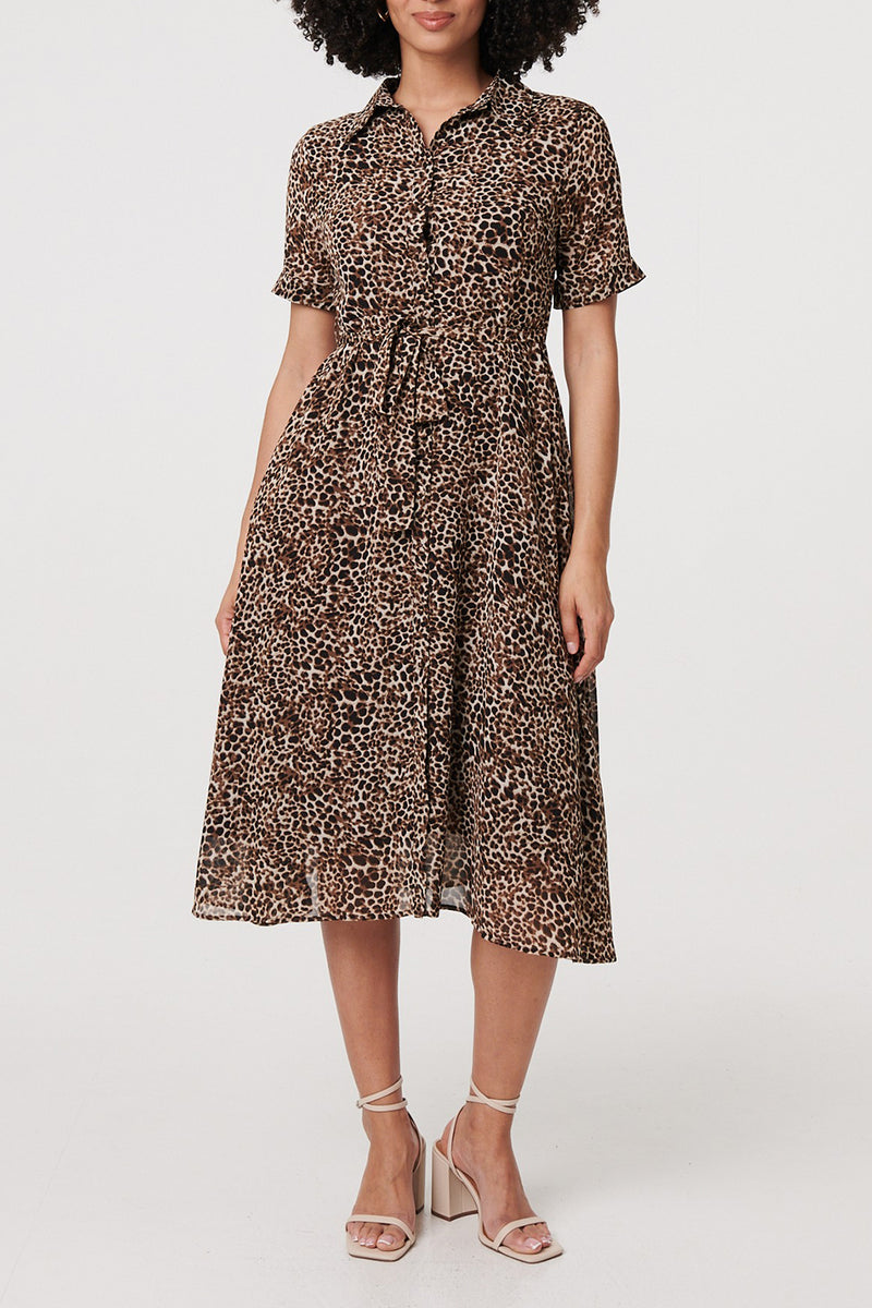 BEIGE | Animal Print Tie Waist Midi Shirt Dress