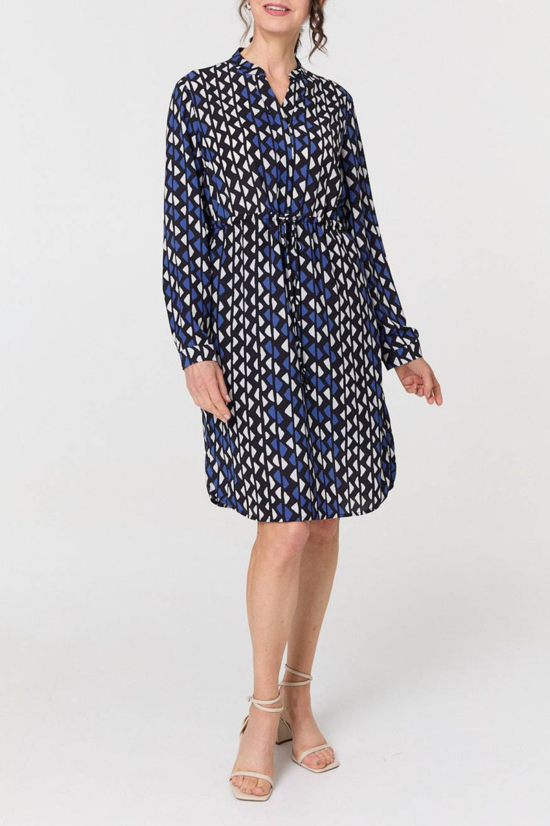 MULTI BLUE | Geo Print Long Sleeve Shirt Dress