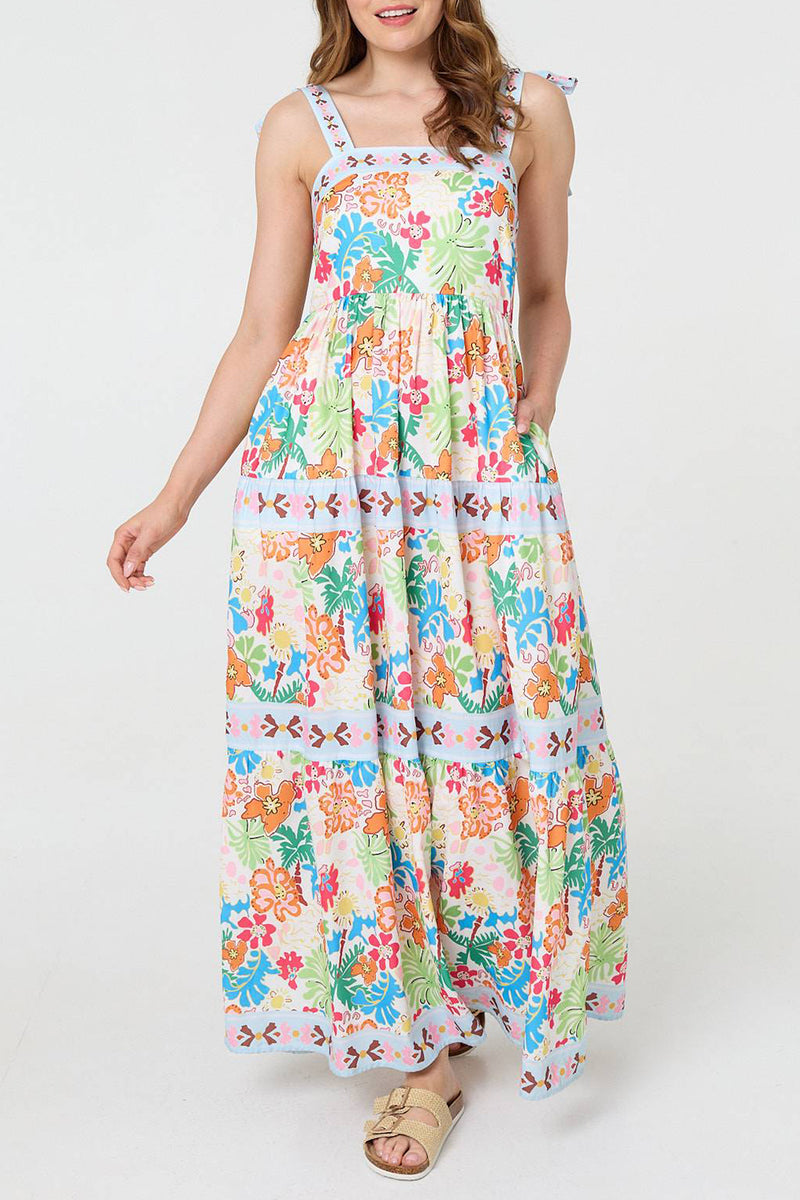 MULTI WHITE | Floral Tie Strap Sleeveless Maxi Dress