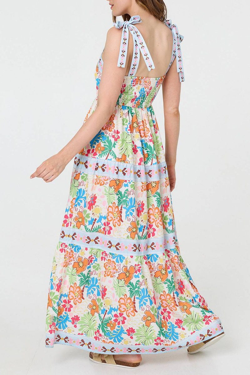 MULTI WHITE | Floral Tie Strap Sleeveless Maxi Dress