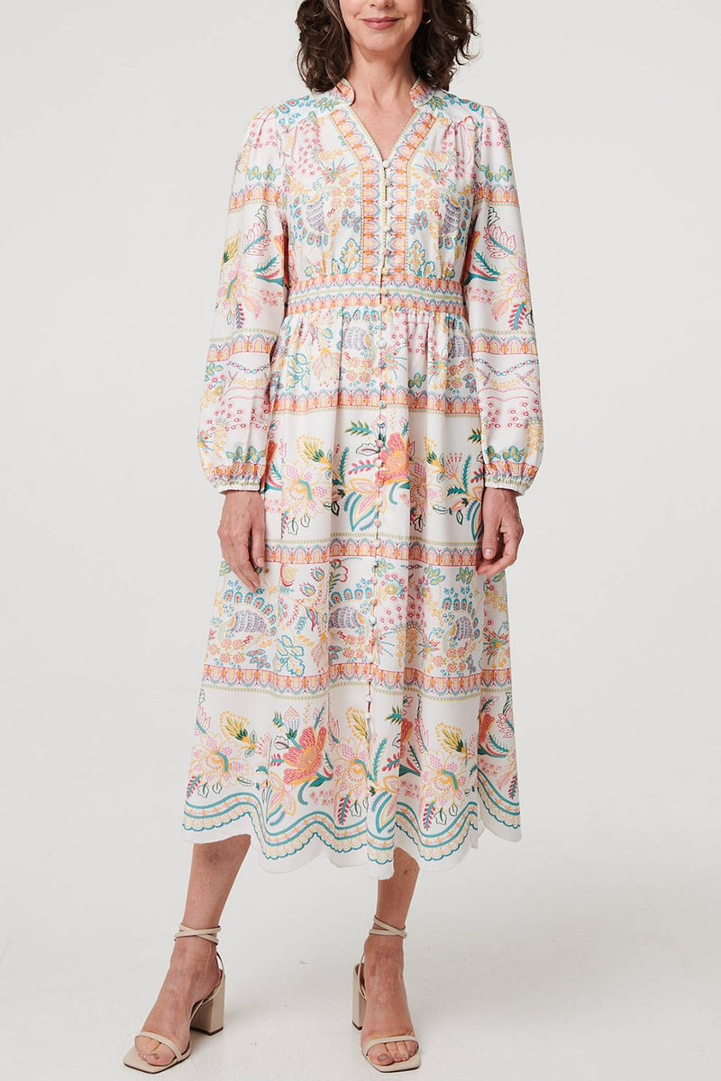 MULTI WHITE | Floral Empire Long Sleeve Midi Dress
