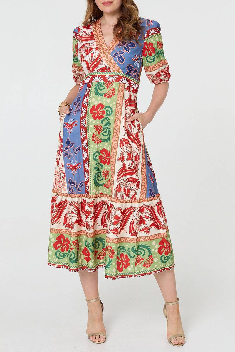 MULTI ORANGE | Floral 1/2 Sleeve A-Line Midi Dress