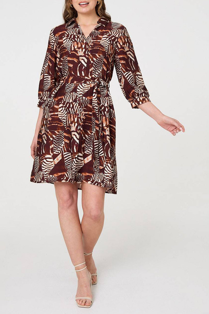 BROWN | Animal Print Tie Waist Short Shirt Dress