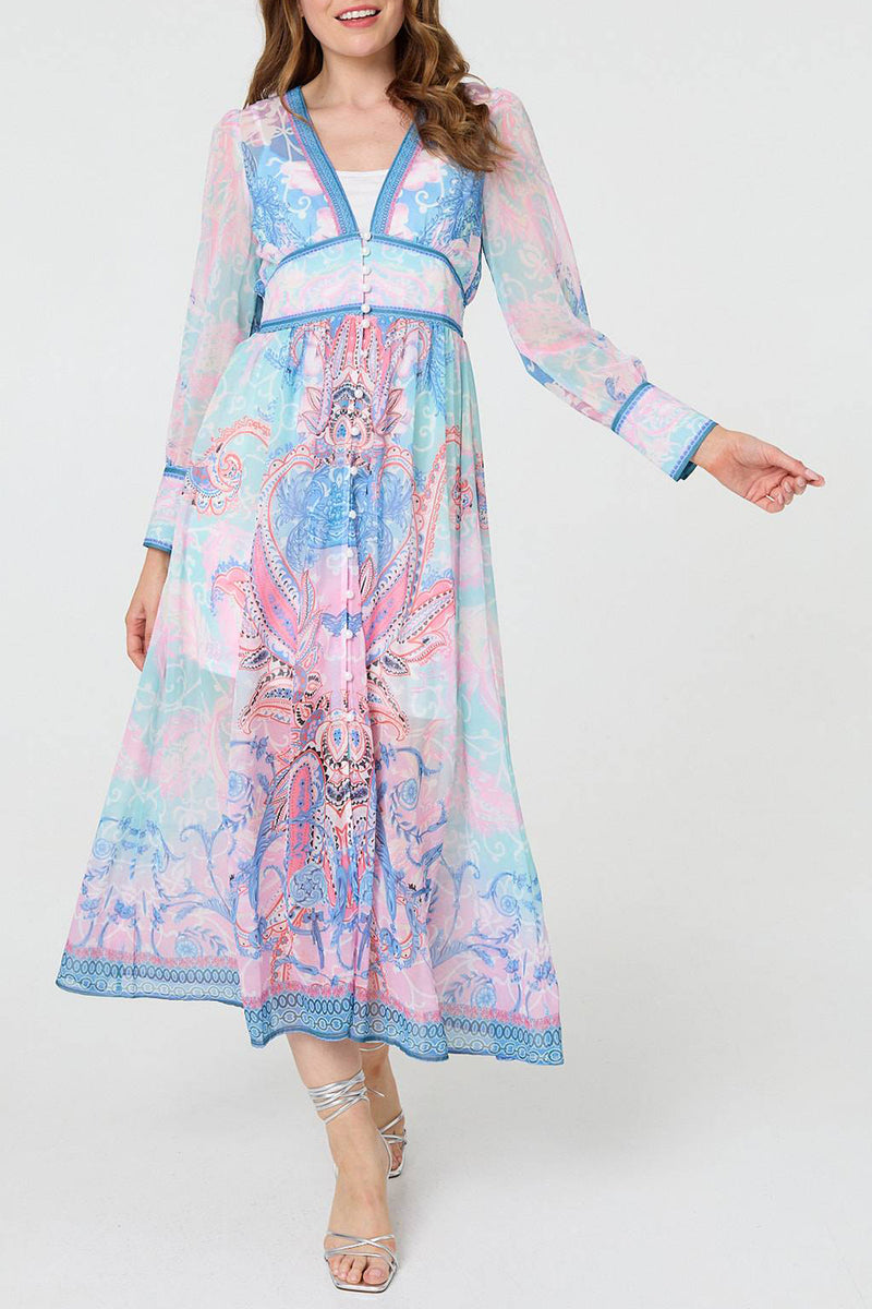 MULTI BLUE | Border Print V-Neck Empire Midi Dress