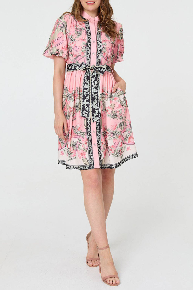 PINK | Border Print High Neck Short Shirt Dress