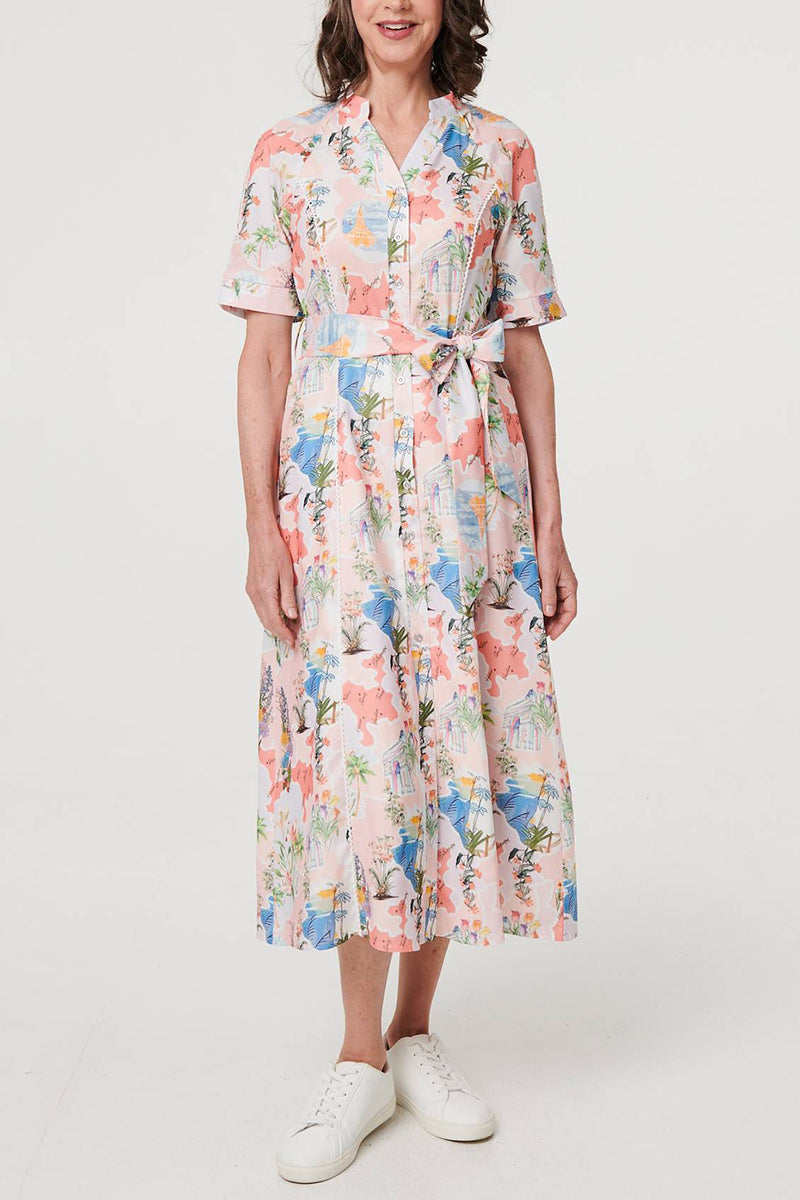 PINK | Floral Lace Trim Tie Waist Midi Dress