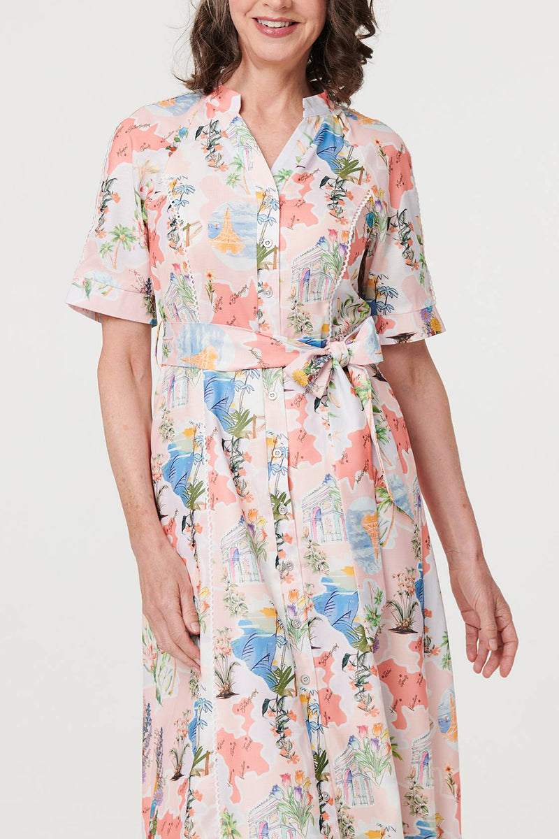 PINK | Floral Lace Trim Tie Waist Midi Dress