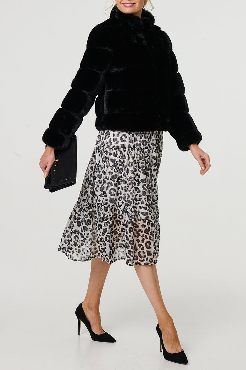 BLACK| Faux Fur Long Sleeve High Neck Coat