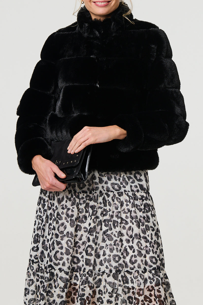 BLACK| Faux Fur Long Sleeve High Neck Coat