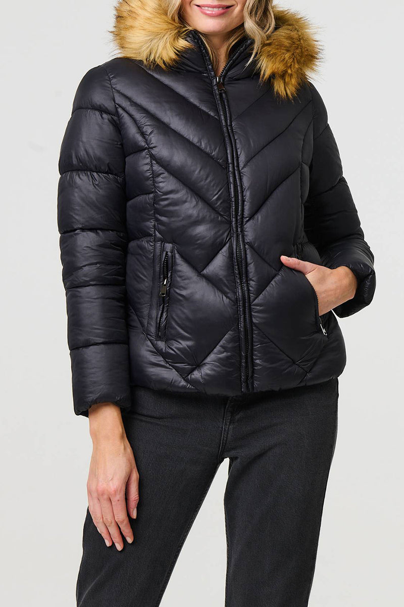 BLACK | Faux Fur Hooded Zip Front Puffer Jacket