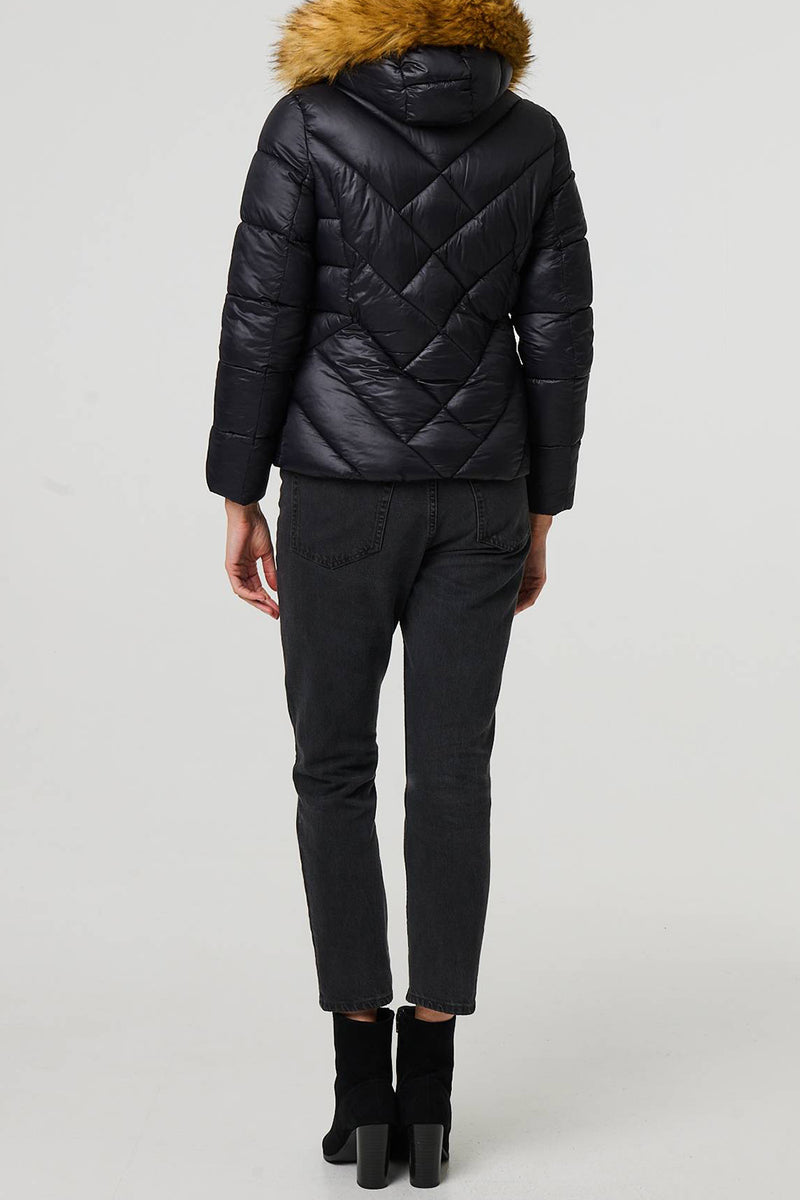 BLACK | Faux Fur Hooded Zip Front Puffer Jacket