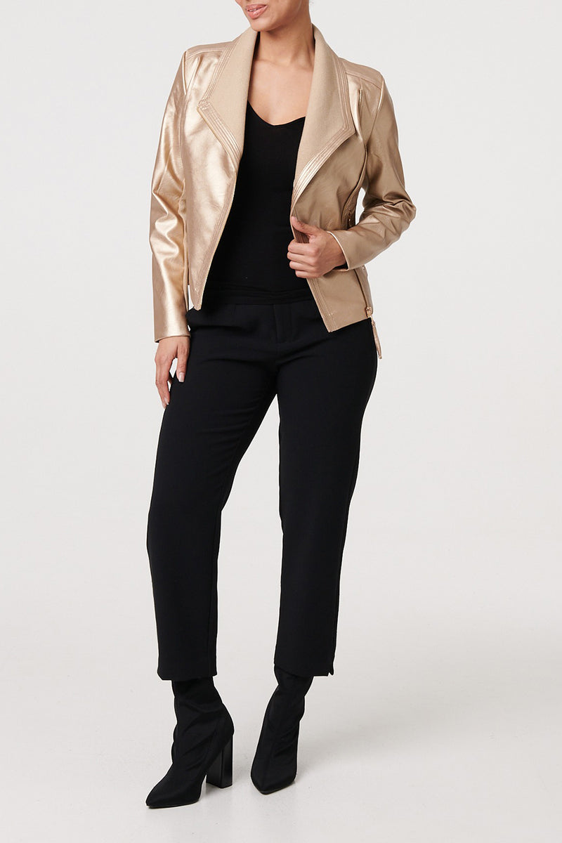 Gold | Metallic PU Leather Cropped Jacket