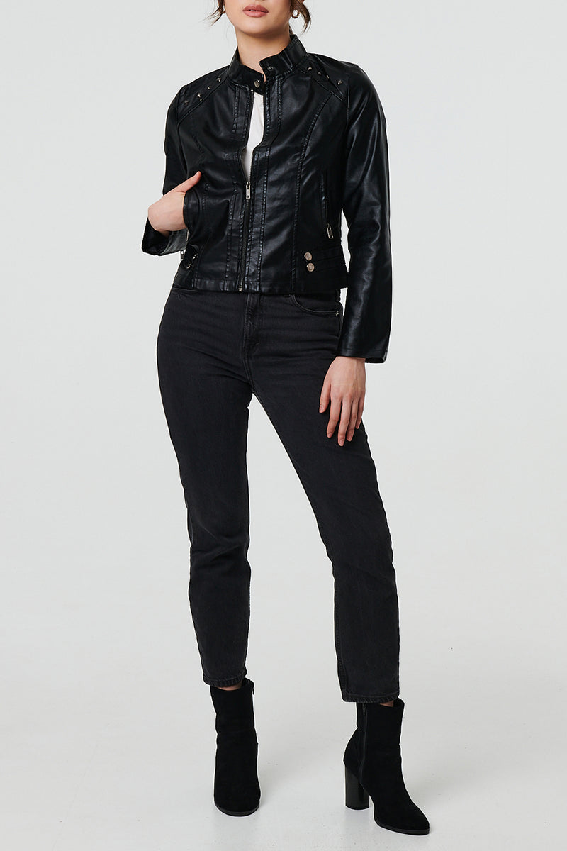BLACK | Faux Leather Cropped Biker Jacket